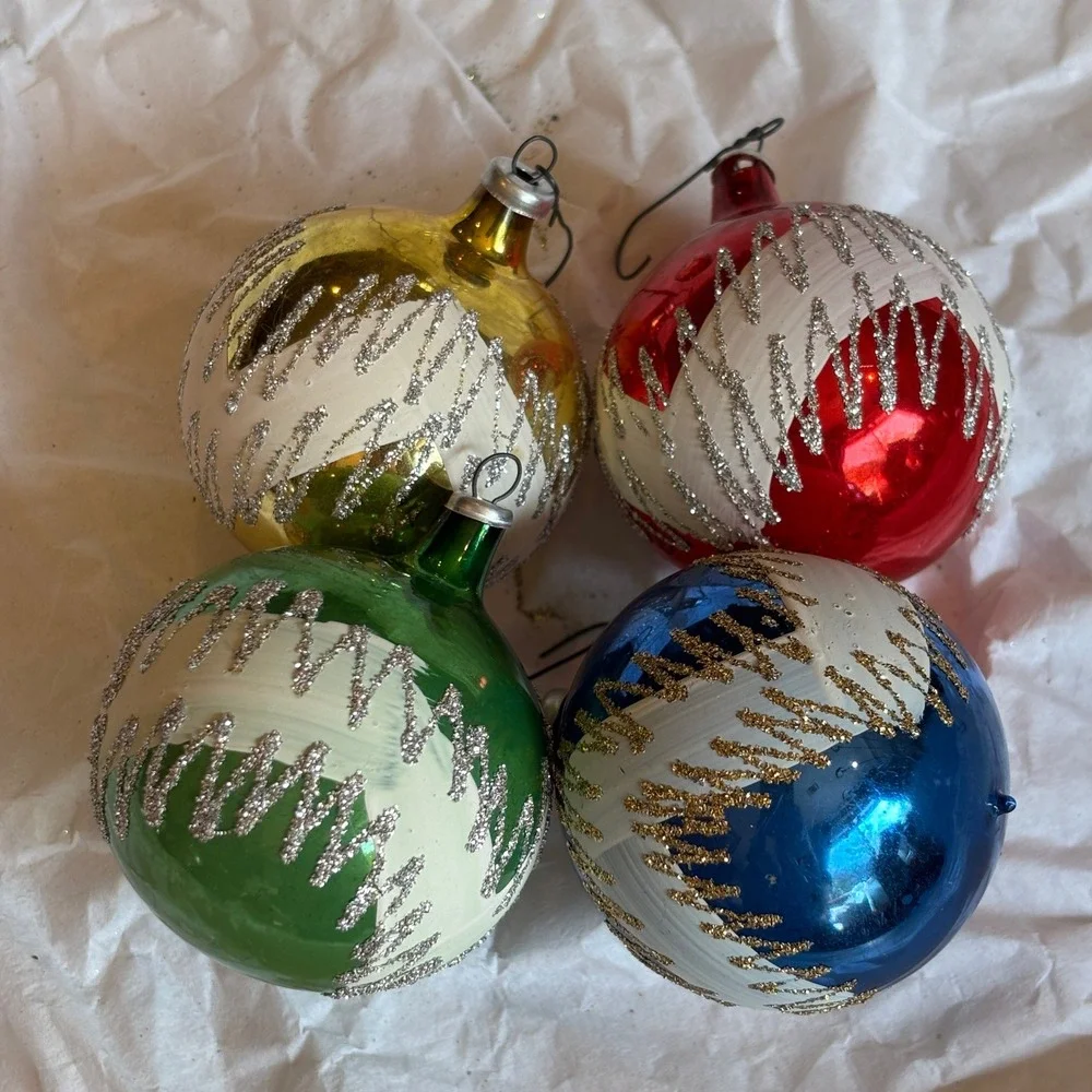 Vintage Multicolor Glass Ball Ornaments Silver Gold Glitter Zigzag Pattern 4pc